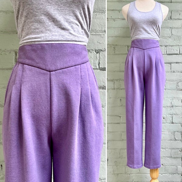 vintage 1980s high waisted pleated pants 80s yolk front tapered fleece trousers casual athleisure jersey knit pants / medium