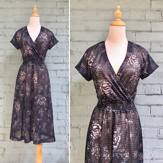 vintage 70s floral wrap dress / 1970s sheer metall