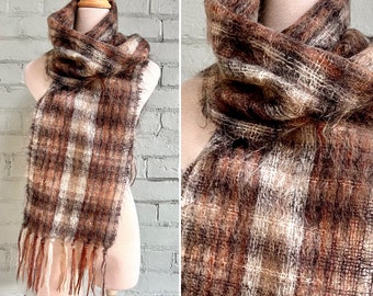 vintage 1960s plaid wool scarf 60s long mohair fringe shawl classic neutral boho mod cosy country cottagecore woven winter scarf