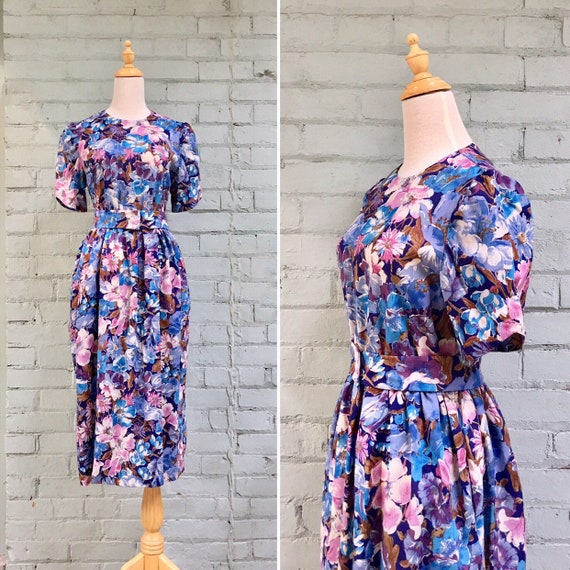 vintage 1980s floral midi dress / 80s party cottag