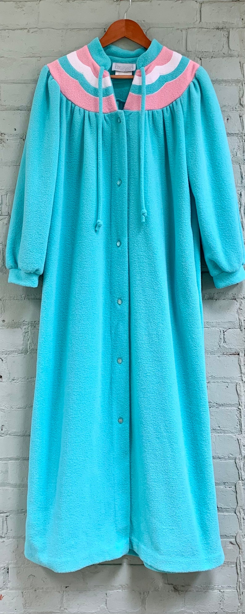 Vintage 1980s Full Length Terry Cloth Robe 80s Button up Fleece