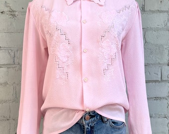 Vintage 80s Pink Embroidered Blouse: Scalloped Collar - Medium
