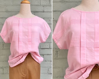 vintage 1980s sleeveless pintucked blouse pastel pink pullover 80s casual popover layering top classic mod pretty / small