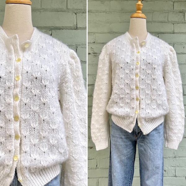 vintage 1980s cream pointelle cardigan 80s floral open weave knit cardi classic preppy crew neck novelty sweater coat / medium