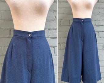 Calças culote de flanela vintage dos anos 80: Capri de pernas largas com pregas, tamanho pequeno