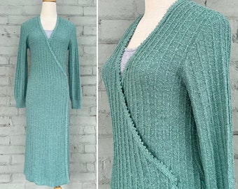 vintage 1970s wrap sweater dress 70s pointelle knit dress long sleeve boho fine delicate open weave cottagecore sweaterdress / small