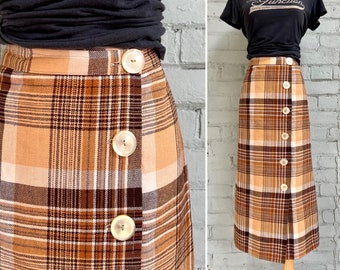 vintage 1960s plaid wool wrap skirt 60s midi tartan mod classic kilt preppy academia schoolgirl uniform collegiate secretary skirt / medium