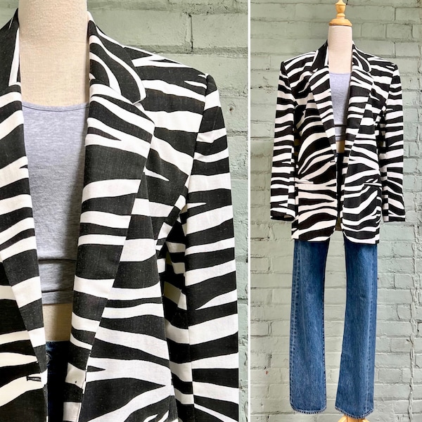 vintage 1980s animal print blazer zebra striped 80s long oversized suit jacket fun unique casual fashion sportscoat / large