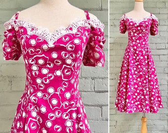 vintage 1980s prom dress 80s sleeveless party dress polka dot print off the shoulder sweetheart princess fit and flare dress / small