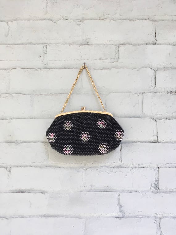vintage 1960s beaded purse / 1960s black beaded cl