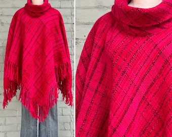 vintage 1970s wool fringe poncho 70s boho woven poncho Finland popover knit blanket cloak / fits most