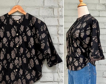 vintage 1980s floral button down top 80s black metallic knit cardigan pretty romantic evening holiday blouse / medium