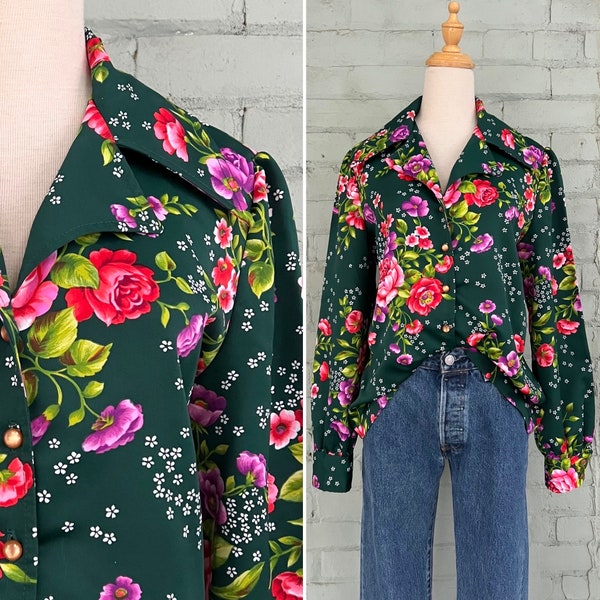 vintage 1960s floral wide collar shirt 60s button down polyester blouse boho psychedelic disco leisure shirt / large