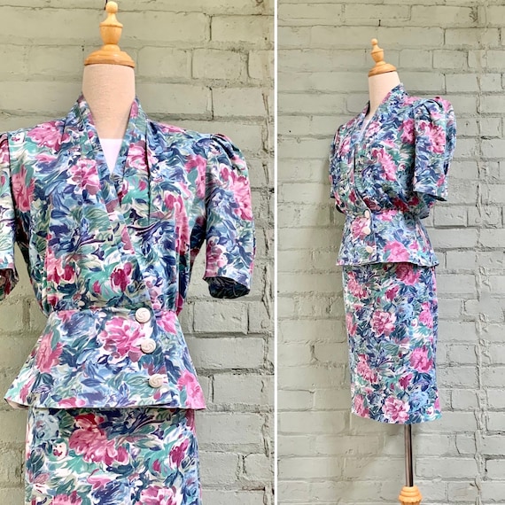 vintage 1980s floral suit / 80s shirt sleeve summe