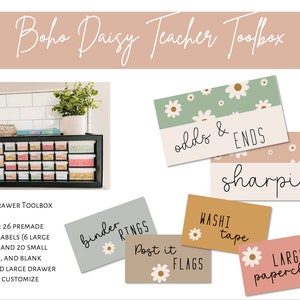 May include: A set of 26 pre-made drawer labels for a 26 drawer toolbox. The labels feature a boho daisy design with a white background and green and brown accents. The labels include words like "odds & ends", "sharpies", "binder rings", "post it flags", "washi tape", and "large paperclips".