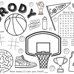May include: Black and white printable activity sheet with a basketball theme. The sheet includes a word search, a maze, a tic-tac-toe game, and a basketball hoop. The word "Go Team!" is written in a banner at the top of the page. The words "Word Search" are written below the banner. The word search includes words related to basketball, such as "hoop", "court", and "dunk".