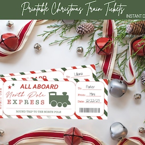 Peut inclure: Billets de train de Noël imprimables avec des rayures rouges et vertes. Les billets indiquent "All Aboard North Pole Express" et présentent un train de dessin animé. Les billets sont décorés de clochettes argentées et d'un ruban rouge et blanc.
