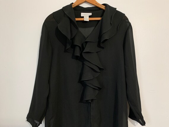 90s Sheer Black Ruffled Blouse / Black Sheer Blou