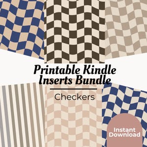 Op de afbeelding: Een digitale kunstbundel met verschillende dambordpatronen in blauwe, bruine en beige tinten. De tekst "Printable Kindle Inserts Bundle" en "Checkers" wordt weergegeven, samen met "Instant Download".