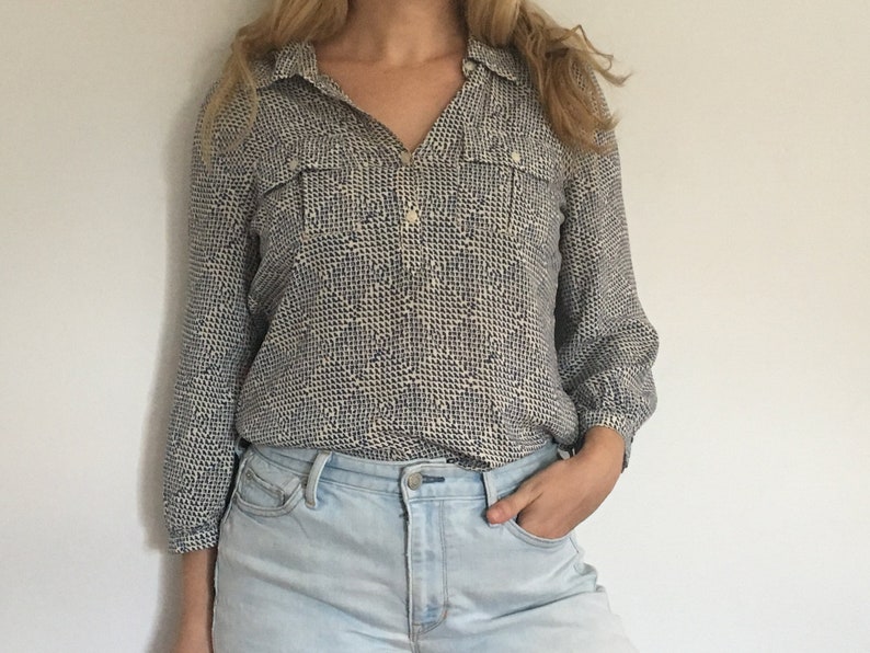 Vintage Lightweight Blue and White Button Front Blouse Three-Quarter length sleeve Vintage Blouse Vintage Shirt Women 1990s