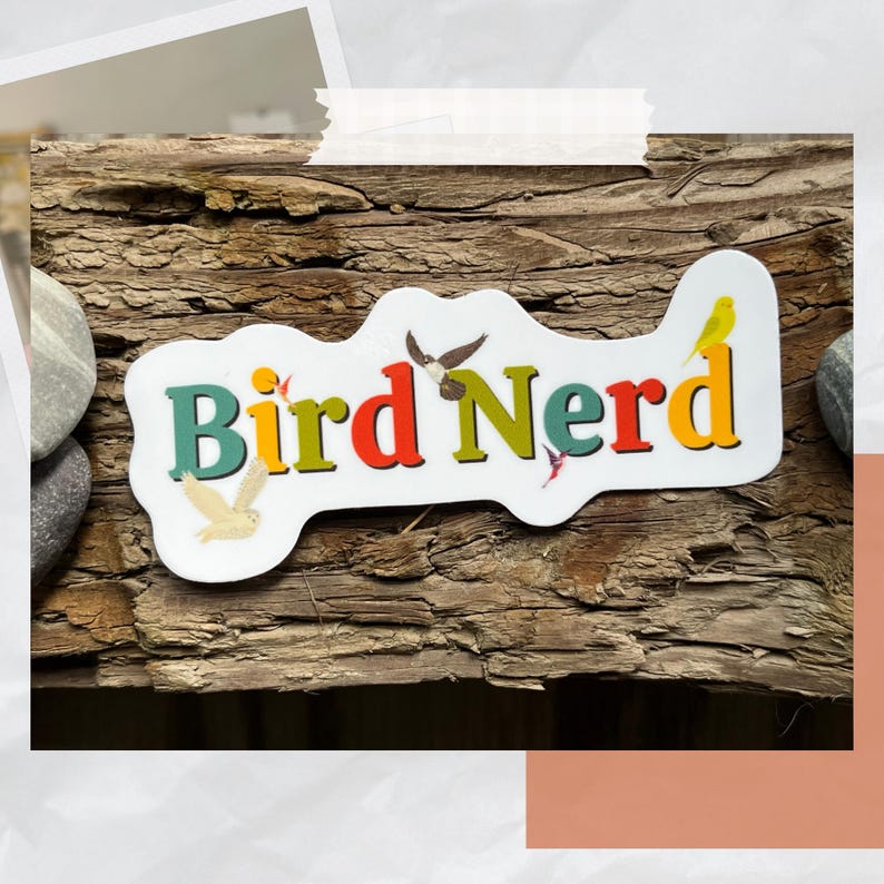 A white sticker with multicolored text that says "bird nerd" with illustrations of birds.