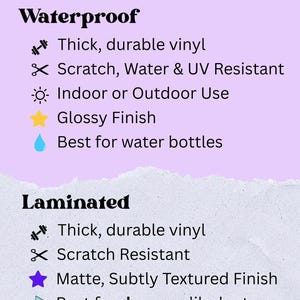 May include: An informational graphic titled "STICKER TYPES" on a light purple background. It details two sticker types: Waterproof, with features like thick vinyl and glossy finish, and Laminated, with scratch resistance and a matte finish. Best for water bottles and dry uses.