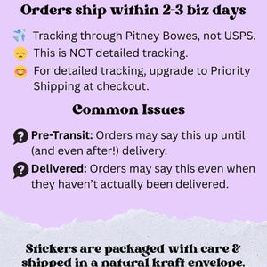 May include: Text on a lavender background reads "SHIPPING INFO" and details about order shipping, tracking, and common issues. The text also mentions stickers are packaged with care and shipped in a natural kraft envelope.