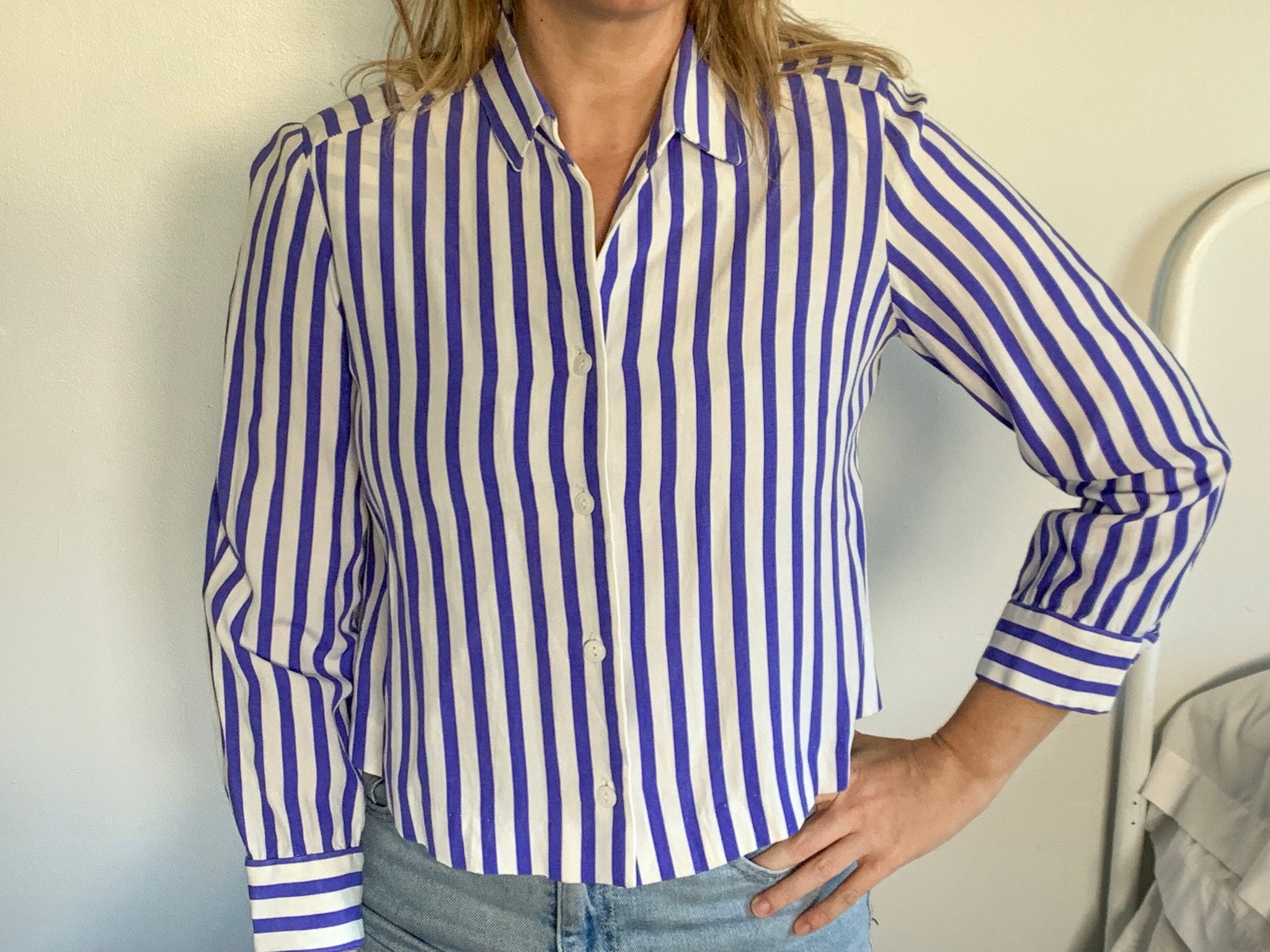 Vintage 80's Blue Striped Blouse Kleding Dameskleding Tops & T-shirts Blouses 