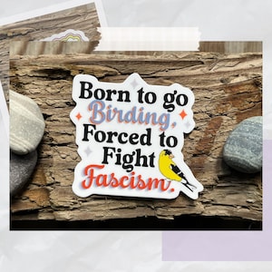 Sticker with an illustration of a yellow bird with text that reads "born to go birding, forced to fight fascism"
