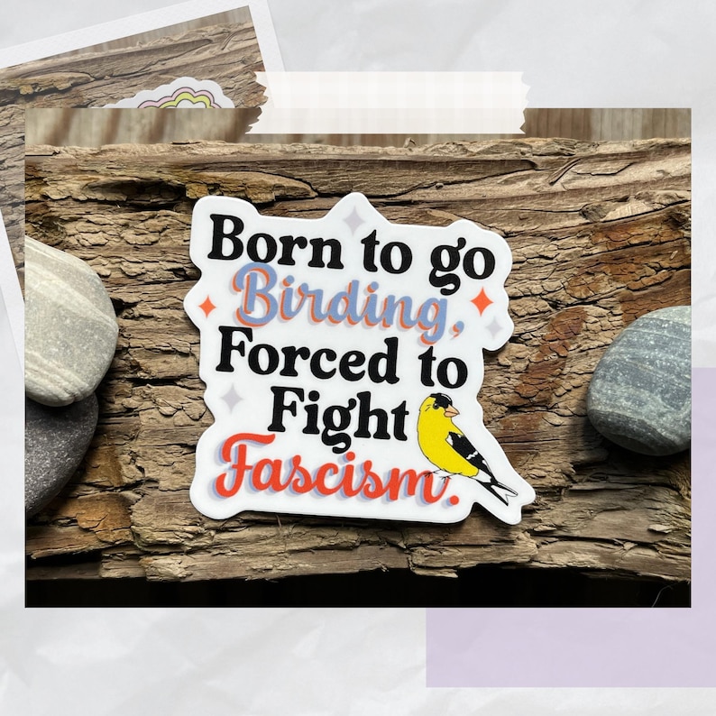 Sticker with an illustration of a yellow bird with text that reads "born to go birding, forced to fight fascism"