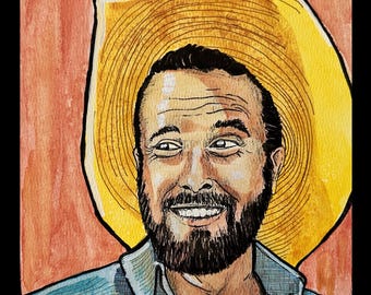 Where Ya Been?, portrait of Luke Bell, Watercolor, &Ink on Warercolor Paper, 9x9 inches