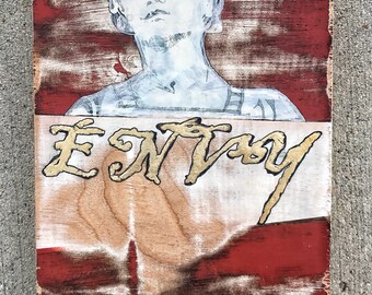 Acrylic, Spray Paint, and Ink on Oak and Plywood. "Envy" 6" x 10" x 2"