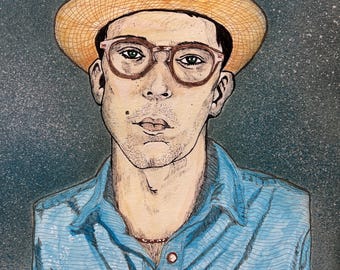 Who Am I To Say?, portraiit of Justin Townes Earle, Watercolor, &Ink on Warercolor Paper, 11 x 15 inches