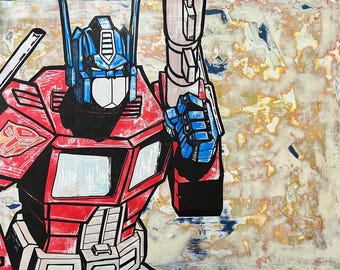 Portrait of Optimus Prime, leader of the Autobots, mixed media on wood