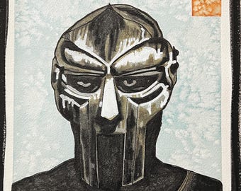 ALL CAPS, portrait of MFDOOM, Watercolor, &Ink on Warercolor Paper, 10 x 10 inches