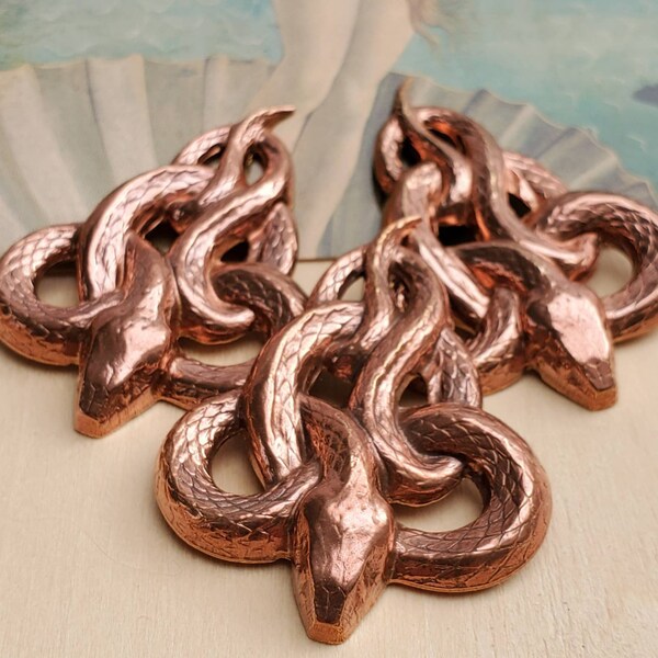 3 Vintage Copper Metal  "Serpent" Snake Stampings - Snake Motif