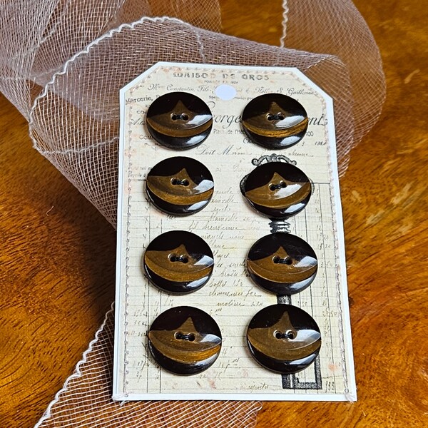Card of 8 Small Art Deco Celluloid Buttons- Made in Germany - Black & Brown Colors - 5/8 Inch