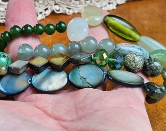 Destash Strand of Natural Stone Beads - Assorted Greens - Dyed Mother of Pearl Beads - 48 pcs