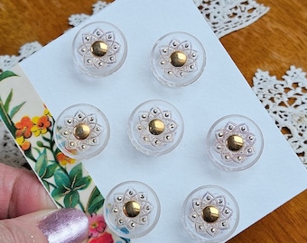 Vintage Czech Glass Buttons - Clear Glass Buttons with Gold Accents - Set of 7 - Flower Motif