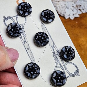 Set of 7 Victorian Black Glass Buttons on Card - Faceted Antique Cut Glass - Openwork