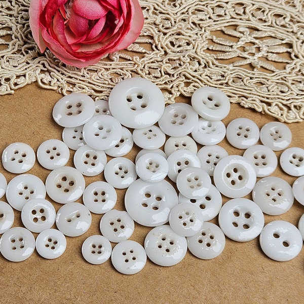 50 Vintage White China Buttons - Assorted Sizes - Embellishment - Closure