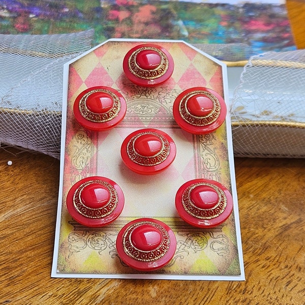 Bright Red Vintage Czech Glass Buttons with Gold Accents- Molded Glass - NOS - Set of 7