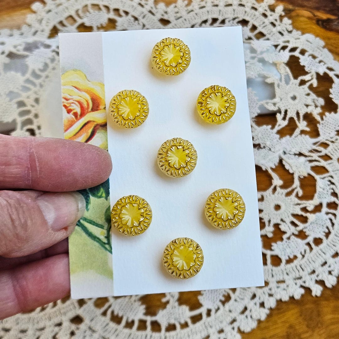 Vintage Czech Glass Buttons Lemon Yellow - Set of 7 - Molded Self Shank ...