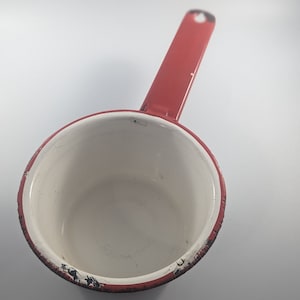 White enamelware saucepan pan with red rim and handle handle retro 1950&#39;s