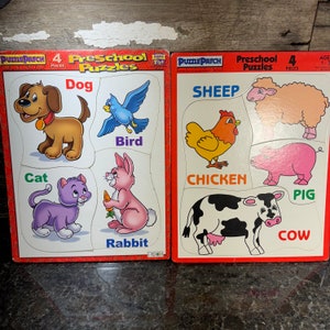May include: Two sets of four-piece preschool puzzles featuring farm animals. The first set includes a dog, cat, bird, and rabbit. The second set includes a sheep, chicken, pig, and cow.