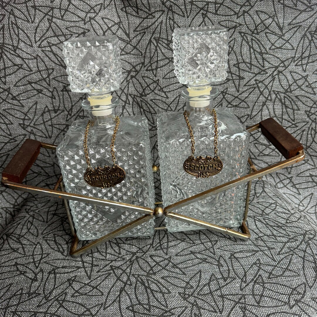 Glass Liquor Decanters With Metal and Wood Holder Diamond Pattern Set