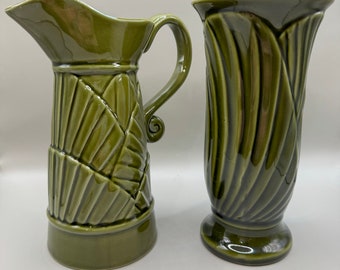 Vintage Art Deco Ceramic Vase and Pitcher Set - Avocado Green
