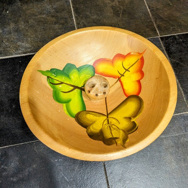 Hand painted nut bowl wooden MCM mid-century