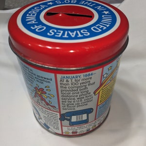 United States of America &quot;In the 80&#39;s&quot; Coin Bank Metal Tin Top Historical Event