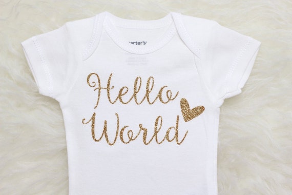 Items similar to Baby girl clothes, Hello World Gold Baby Bodysuit ...